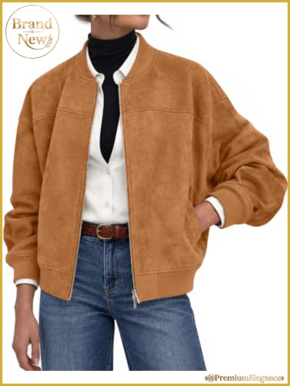 Faux Suede Bomber Jacket Cropped Zip Stand Collar Casual Fall